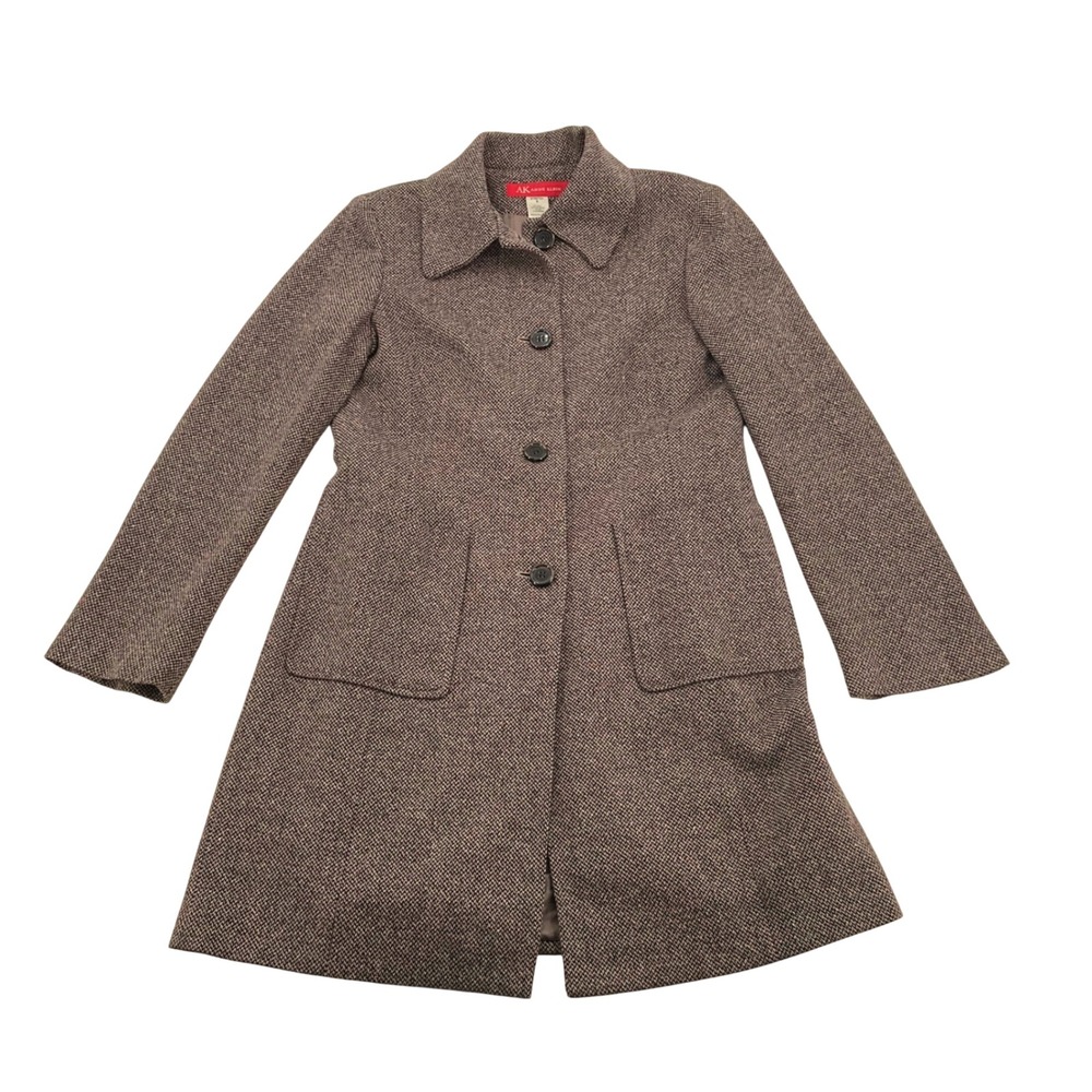 AK Anne Klein Wool Silk Blend Car Coat Womens Small Brown Tweed Tailored Stretch